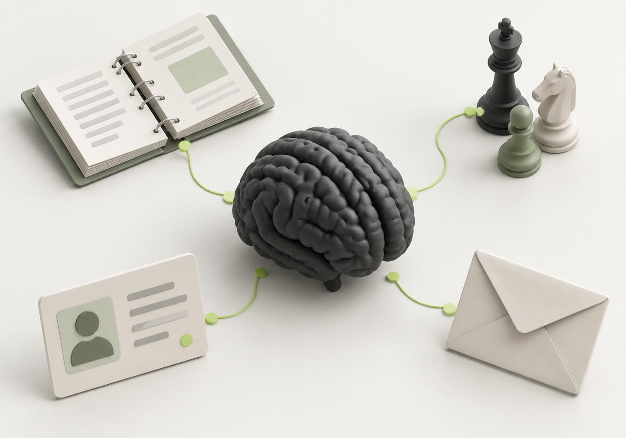 Illustration of business knowledge, competitive guidance and customer context connecting to a central brain and an outreach envelope